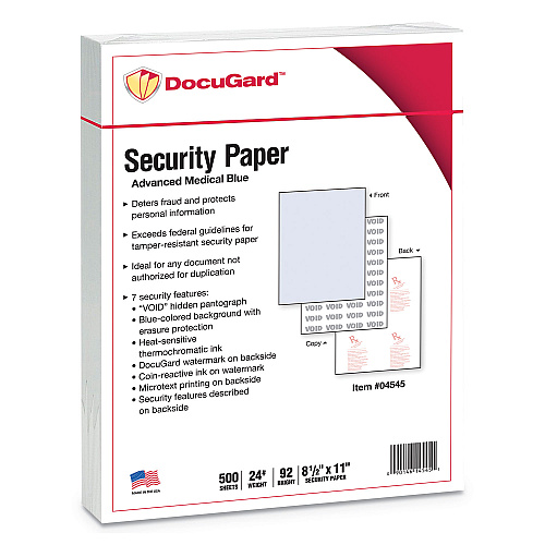 DocuGard Medical Security Papers, 24 lb Bond Weight, 8.5 x 11, Blue, 500/Ream (04545)