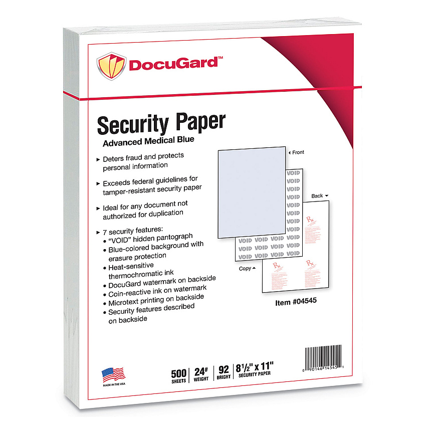 DocuGard Medical Security Papers, 24 lb Bond Weight, 8.5 x 11, Blue, 500/Ream (04545)