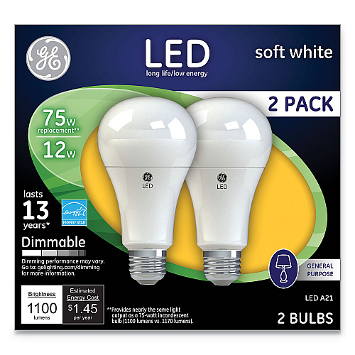 GE LED Soft White A21 Dimmable Light Bulb, 12 W, 2/Pack (65943)
