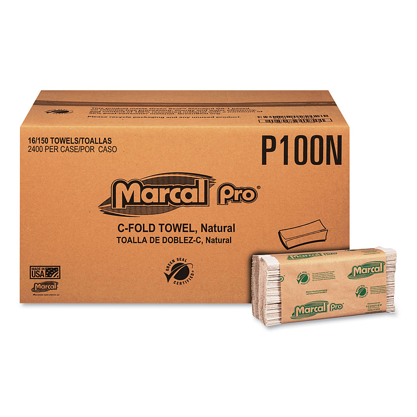 Marcal&reg; Pro Folded Paper Towels, Natural, 16 Packs of Paper Towels (P100N)