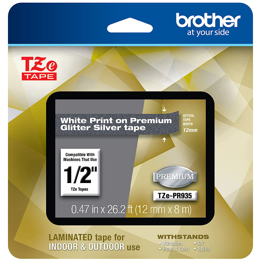 Brother TZe Premium Laminated Tape, 0.47" x 26.2 ft, White on Silver (TZEPR935)
