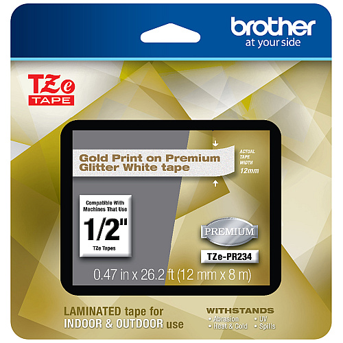Brother TZe Premium Laminated Tape, 0.94" x 26.2 ft, Gold on White (TZEPR234)