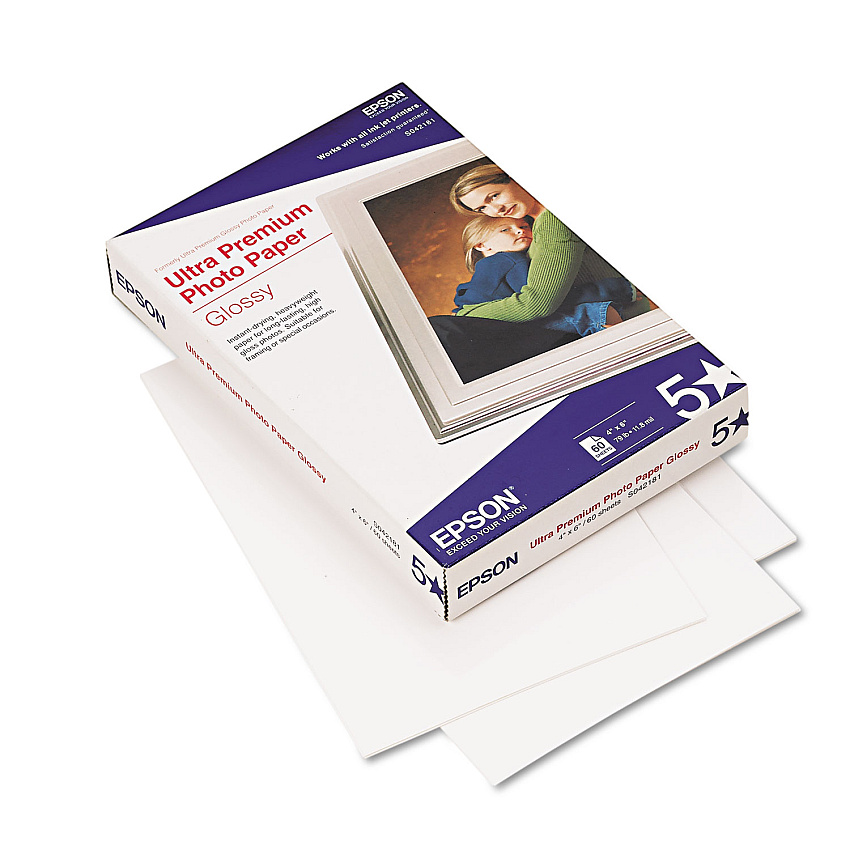 Epson Ultra Premium Glossy Photo Paper, 11.8 mil, 4 x 6, Glossy Bright White, 60/Pack (S042181)