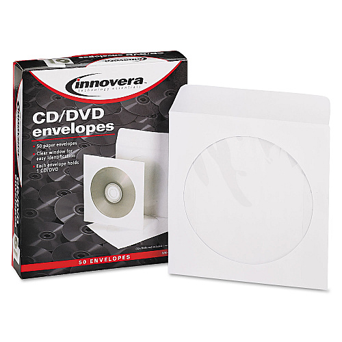 Innovera CD/DVD Envelopes, Clear Window, 1 Disc Capacity, White, 50/Pack (IVR39403)