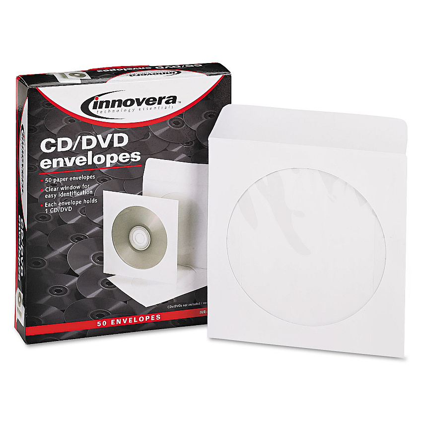 Innovera CD/DVD Envelopes, Clear Window, 1 Disc Capacity, White, 50/Pack (IVR39403)