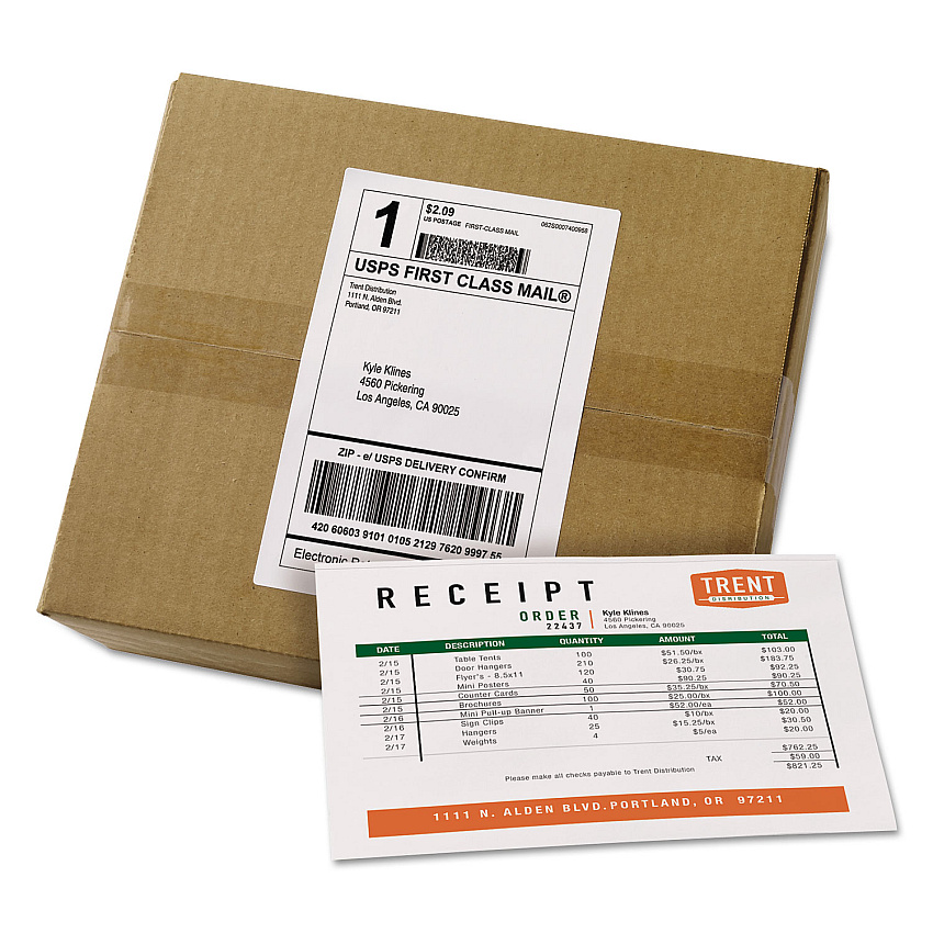 Avery Shipping Labels with Paper Receipt Bulk Pack, Inkjet/Laser Printers, 5.06 x 7.63, White, 100/Box (27900)