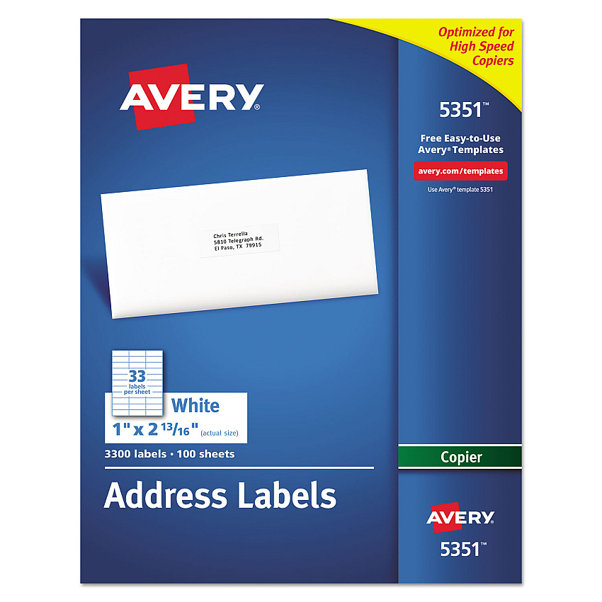 Avery Copier Mailing Labels, Copiers, 1 x 2.81, White, 33/Sheet, 100 Sheets/Box (5351)