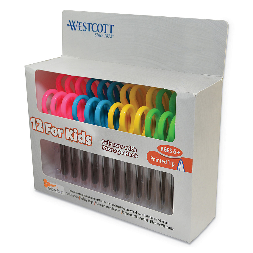 Westcott Kids' Scissors with Antimicrobial Protection, Pointed Tip, 5" Long, 2" Cut Length, Straight Assorted Color Handles, 12/Pack (14872)