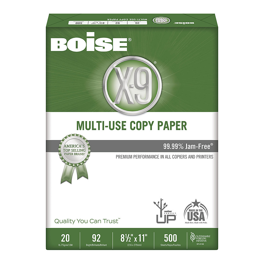 Boise X-9 Multi-Use Copy Paper, 92 Bright, 20lb, 8.5 x 11, White, 500 Sheets/Ream, 10 Reams/Carton (OX9001)