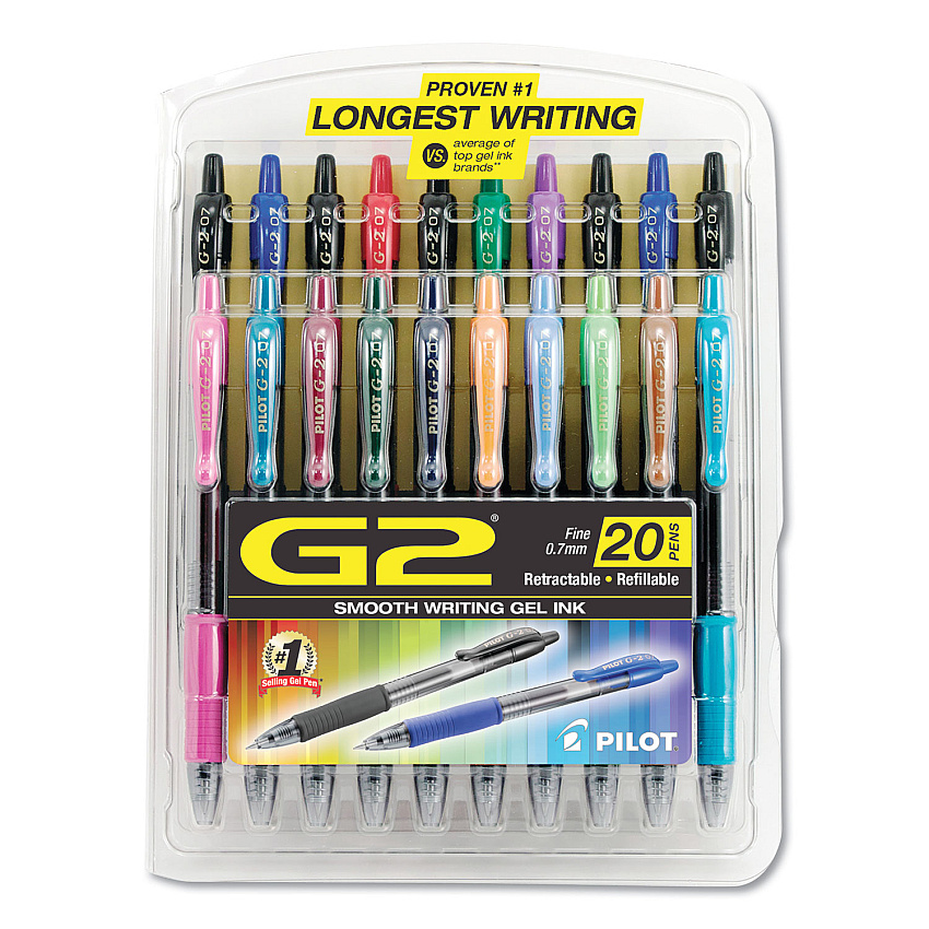 Pilot G2 Premium Gel Pen, Retractable, Fine 0.7 mm, Assorted Ink and Barrel Colors, 20/Pack (31294)