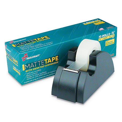 AbilityOne 7510015806224, SKILCRAFT Desktop Tape Dispenser with 10 Matte Rolls of Tape, 1" Core, Plastic, Black