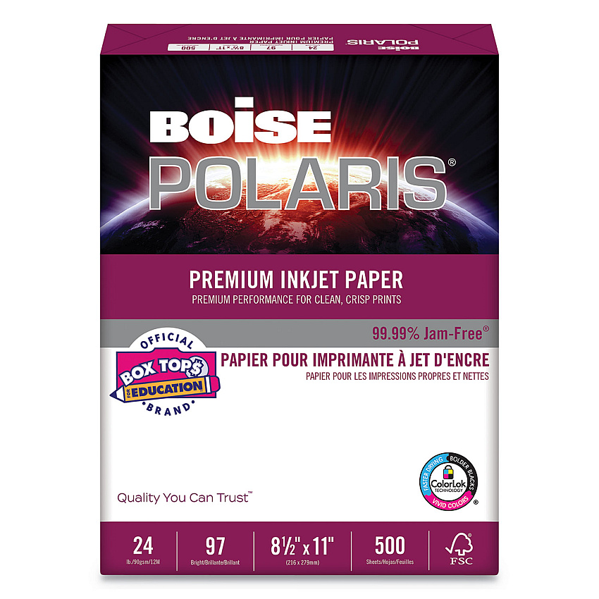 Boise POLARIS Premium Inkjet Paper, 97 Bright, 24lb, 8.5 x 11, White, 500/Ream (PP9624)