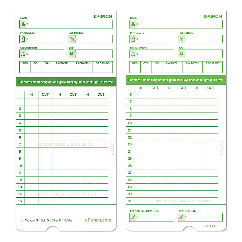 Time Clock Cards for uPunch HN1000/HN3000/HN3600, Two Sides, 7.5 x 3.5, 100/Pack (HNTCG1100)