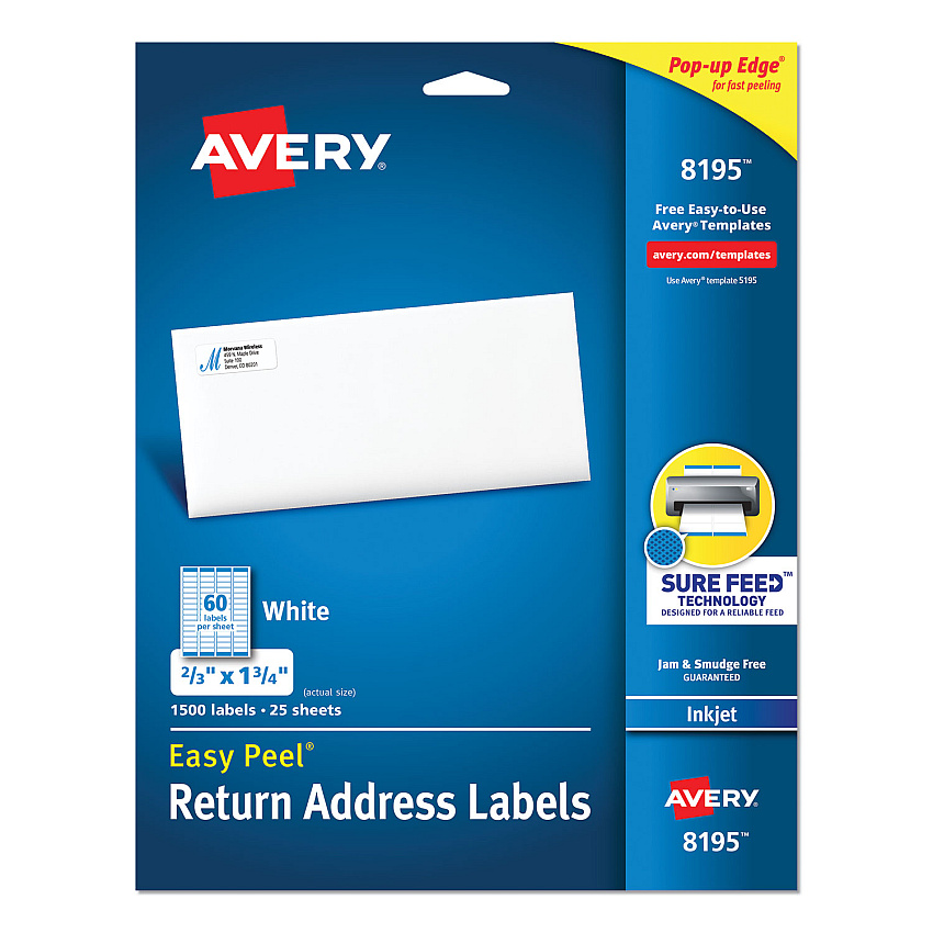 Avery Easy Peel White Address Labels w/ Sure Feed Technology, Inkjet Printers, 0.66 x 1.75, White, 60/Sheet, 25 Sheets/Pack (8195)