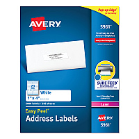 Avery Easy Peel White Address Labels w/ Sure Feed Technology, Laser Printers, 1 x 4, White, 20/Sheet, 250 Sheets/Box (5961)