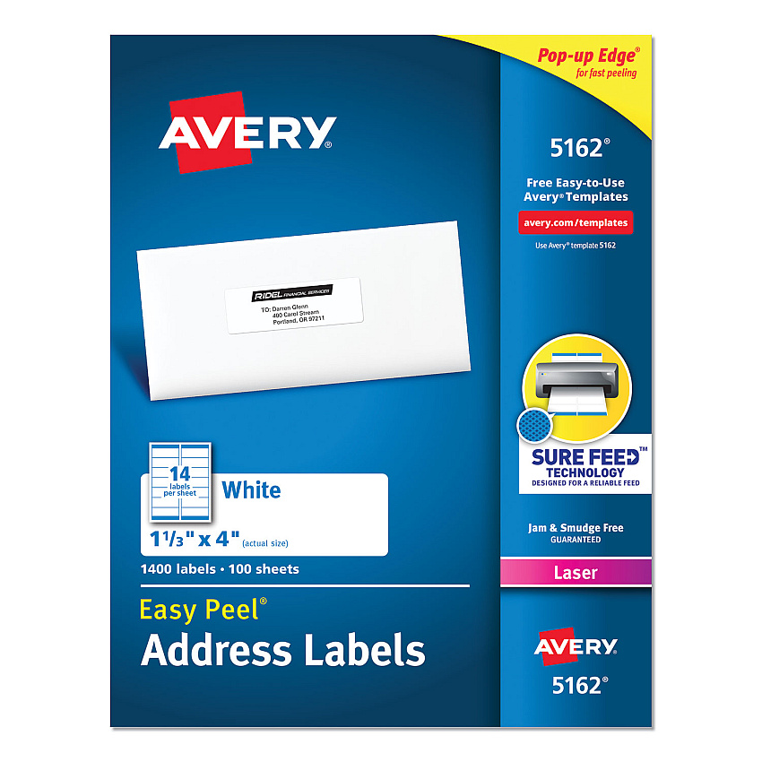 Avery Easy Peel White Address Labels w/ Sure Feed Technology, Laser Printers, 1.33 x 4, White, 14/Sheet, 100 Sheets/Box (5162)