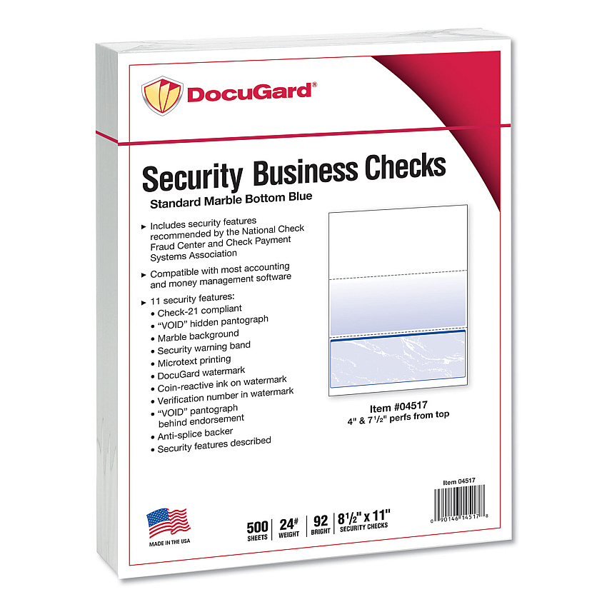 DocuGard Standard Security Check, 11 Features, 8.5 x 11, Blue Marble Bottom, 500/Ream (04517)