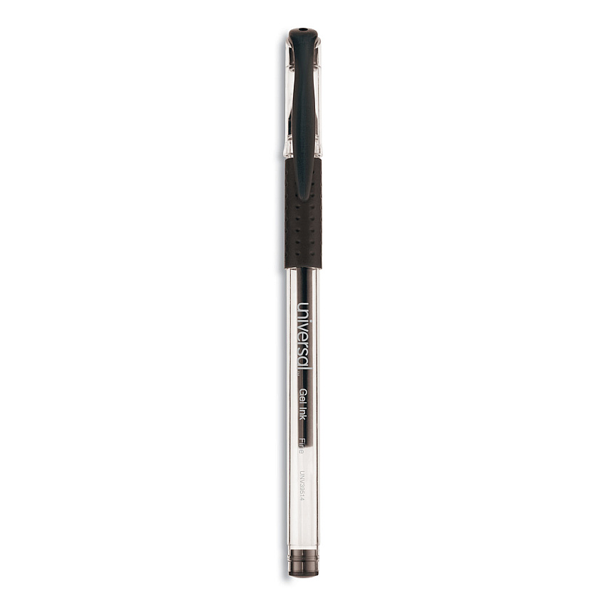 Universal Comfort Grip Gel Pen, Stick, Fine 0.5 mm, Black Ink, Clear/Black Barrel, Dozen (UNV39514)