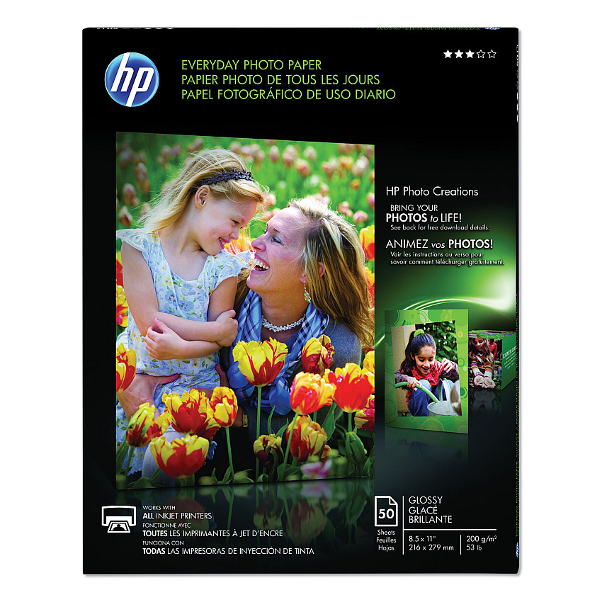 HP Everyday Photo Paper, 8 mil, 8.5 x 11, Glossy White, 50/Pack (Q8723A)
