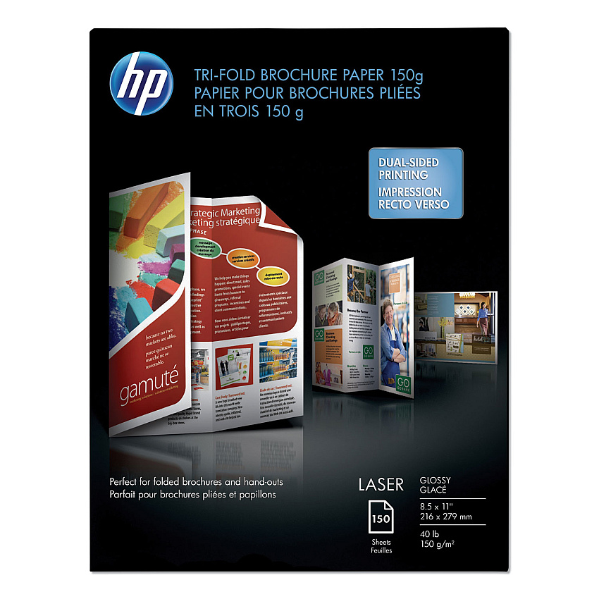 HP Laser Glossy Tri-Fold Brochure Paper, 97 Bright, 40 lb Bond Weight, 8.5 x 11, White, 150/Pack (Q6612A)