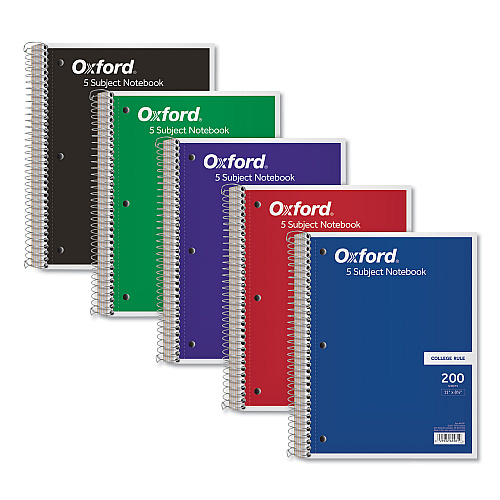 Oxford Coil-Lock Wirebound Notebook, 3-Hole Punched, 5-Subject, Medium/College Rule, Randomly Assorted Covers, (200) 11 x 8.5 Sheets (65581)