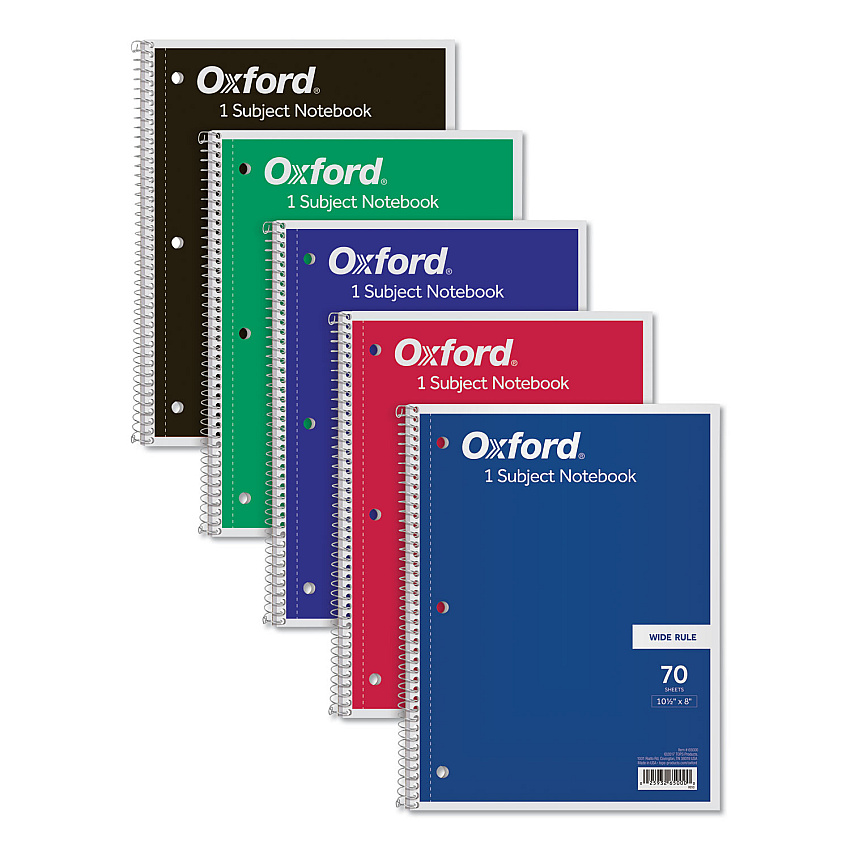 Oxford Coil-Lock Wirebound Notebooks, 3-Hole Punched, 1-Subject, Wide/Legal Rule, Randomly Assorted Covers, (70) 10.5 x 8 Sheets (65000)