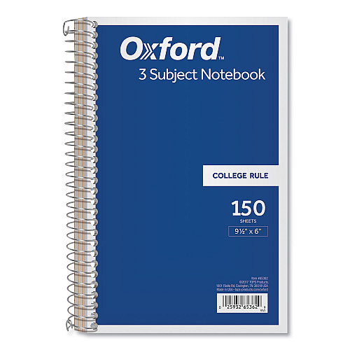 Oxford Coil-Lock Wirebound Notebooks, 3-Subject, Medium/College Rule, Randomly Assorted Cover Color, (150) 9.5 x 6 Sheets (65362)