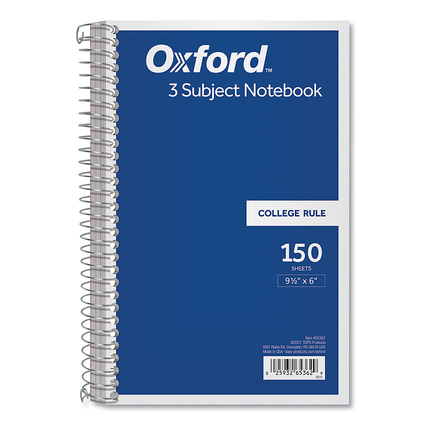 Oxford Coil-Lock Wirebound Notebooks, 3-Subject, Medium/College Rule, Randomly Assorted Cover Color, (150) 9.5 x 6 Sheets (65362)
