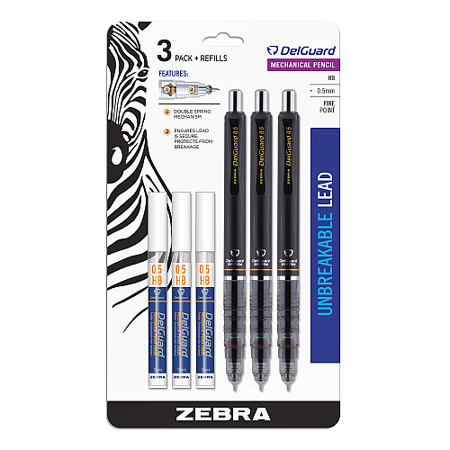 Zebra Delguard Mechanical Pencil, 0.5 mm, HB (#2), Black Lead, Black Barrel, 3/Pack (10613)