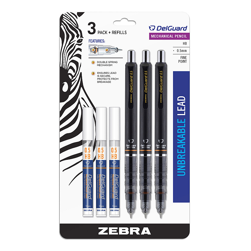 Zebra Delguard Mechanical Pencil, 0.5 mm, HB (#2), Black Lead, Black Barrel, 3/Pack (10613)