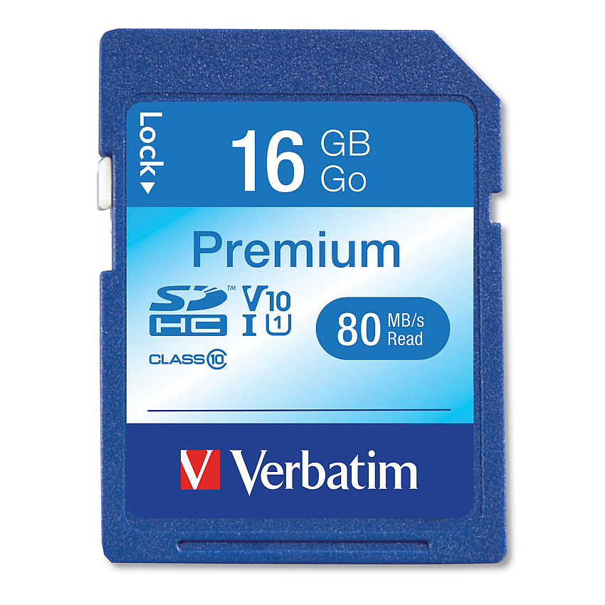 Verbatim 16GB Premium SDHC Memory Card, UHS-I V10 U1 Class 10, Up to 80MB/s Read Speed (96808)