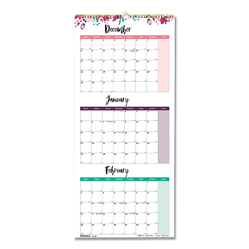 Blueline 3-Month Quarterly Wall Calendar, Passion Floral Artwork, 12.25 x 27, White/Multicolor Sheets, 14-Month: Dec 2025 to Jan 2027 (C171129)