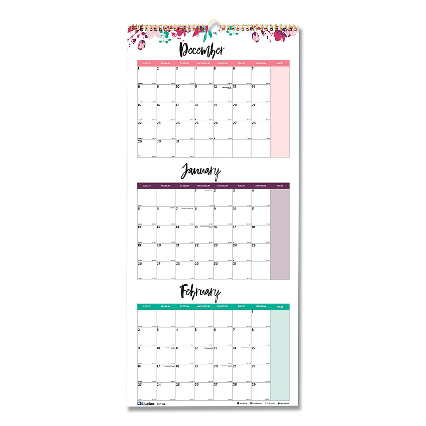 Blueline 3-Month Quarterly Wall Calendar, Passion Floral Artwork, 12.25 x 27, White/Multicolor Sheets, 14-Month: Dec 2025 to Jan 2027 (C171129)