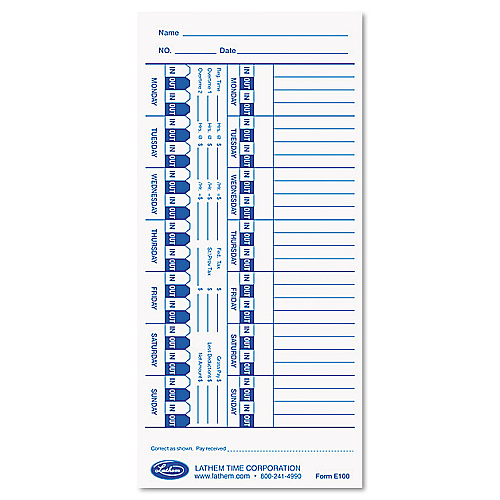 Time Clock Cards for Lathem Time E Series, One Side, 4 x 9, 100/Pack (E100)