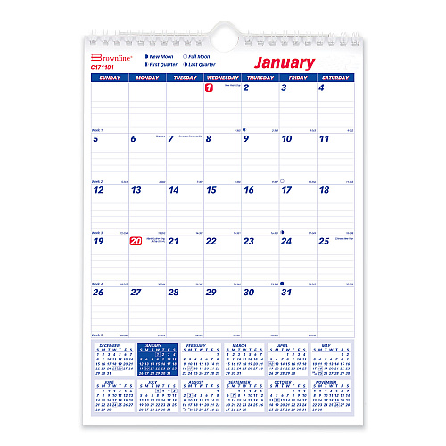 Brownline Twin-Wirebound Wall Calendar, One Month per Page, 8 x 11, White/Blue Sheets, 12-Month (Jan to Dec): 2026 (C171101)