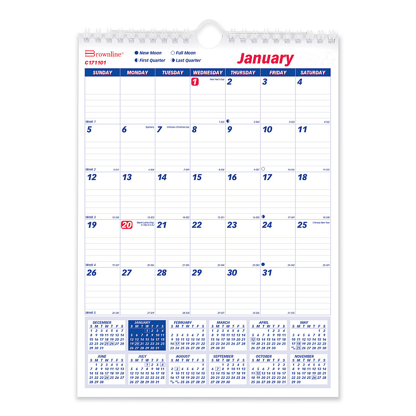 Brownline Twin-Wirebound Wall Calendar, One Month per Page, 8 x 11, White/Blue Sheets, 12-Month (Jan to Dec): 2026 (C171101)