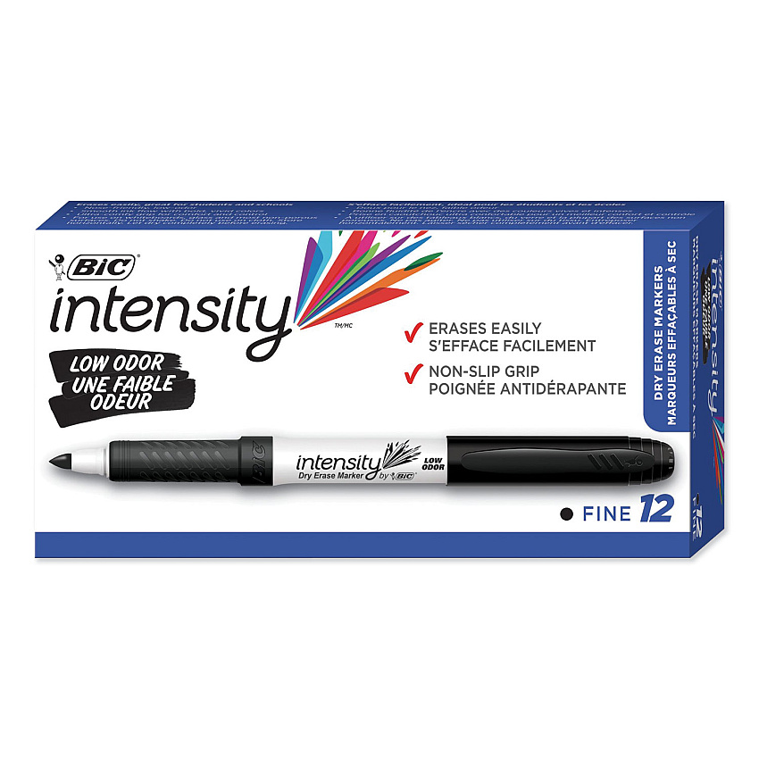 BIC Intensity Low Odor Fine Point Dry Erase Marker, Fine Bullet Tip, Black, Dozen (GDE11BK)