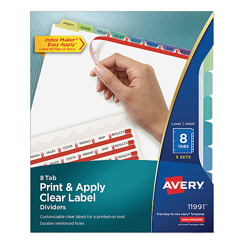 Avery Print and Apply Index Maker Clear Label Dividers, 8-Tab, Color Tabs, 11 x 8.5, White, Contemporary Color Tabs, 5 Sets (11991)