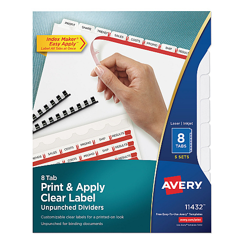 Avery Print and Apply Index Maker Clear Label Unpunched Dividers, 8-Tab, 11 x 8.5, White, 5 Sets (11432)