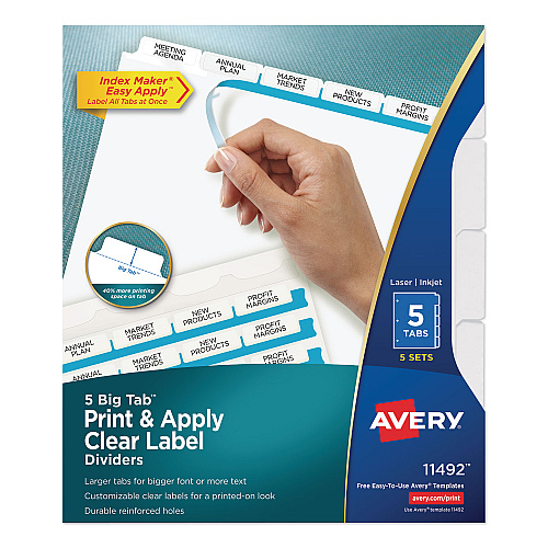 Avery Print and Apply Index Maker Clear Label Dividers, Big Tab, 5-Tab, White Tabs, 11 x 8.5, White, 5 Sets (11492)