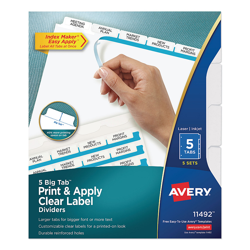 Avery Print and Apply Index Maker Clear Label Dividers, Big Tab, 5-Tab, White Tabs, 11 x 8.5, White, 5 Sets (11492)