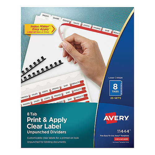 Avery Print and Apply Index Maker Clear Label Unpunched Dividers, 8-Tab, 11 x 8.5, White, White Tabs, 25 Sets (11444)