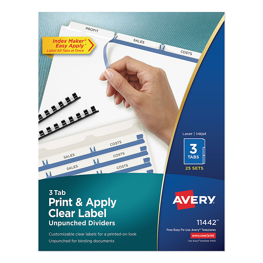 Avery Print and Apply Index Maker Clear Label Unpunched Dividers, 3-Tab, 11 x 8.5, White, 25 Sets (11442)