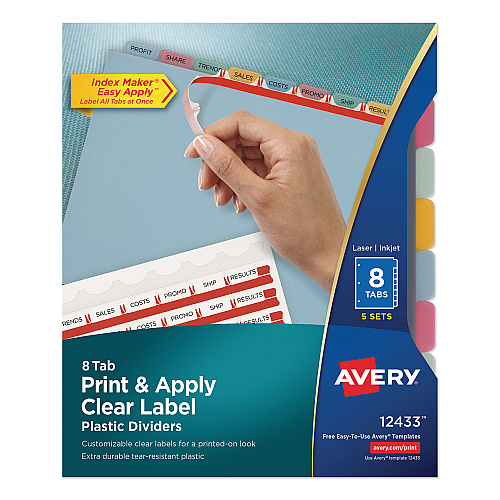 Avery Print and Apply Index Maker Clear Label Plastic Dividers with Printable Label Strip, 8-Tab, 11 x 8.5, Assorted Tabs, 5 Sets (12433)