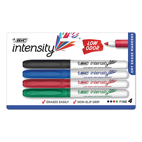 BIC Intensity Low Odor Fine Point Dry Erase Marker, Fine Bullet Tip, Assorted Colors, 4/Set (GDEP41ASST)