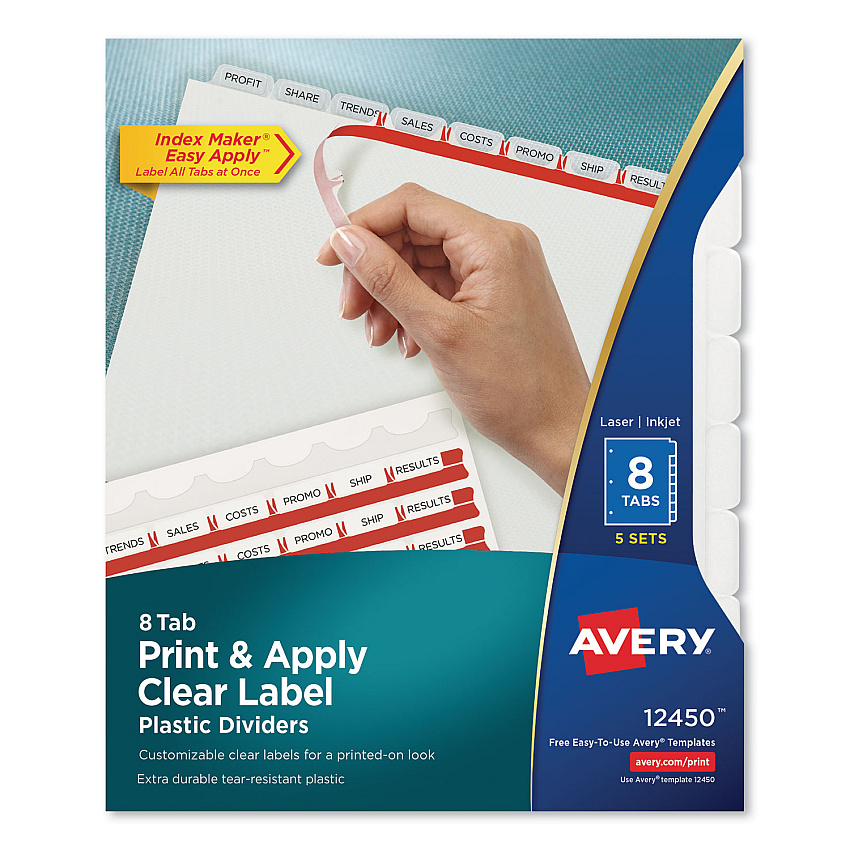 Avery Print and Apply Index Maker Clear Label Plastic Dividers w/Printable Label Strip, 8-Tab, 11 x 8.5, Frosted Clear Tabs, 5 Sets (12450)