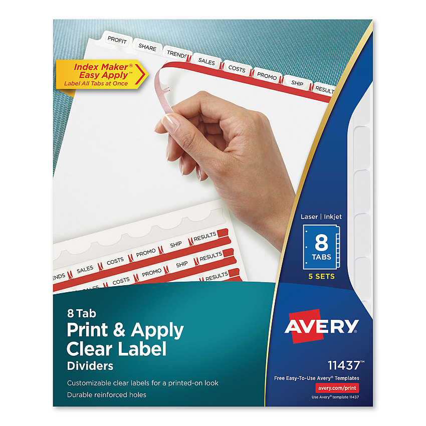 Avery Print and Apply Index Maker Clear Label Dividers, 8-Tab, 11 x 8.5, White, 5 Sets (11437)