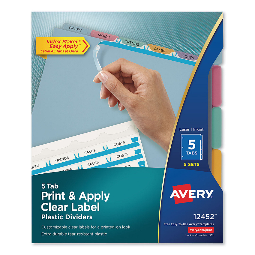 Avery Print and Apply Index Maker Clear Label Plastic Dividers with Printable Label Strip, 5-Tab, 11 x 8.5, Assorted Tabs, 5 Sets (12452)