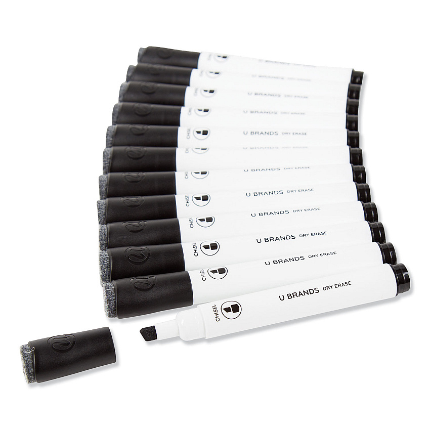 U Brands Chisel Tip Low-Odor Dry-Erase Markers with Erasers, Broad Chisel Tip, Black, Dozen (2925U0112)