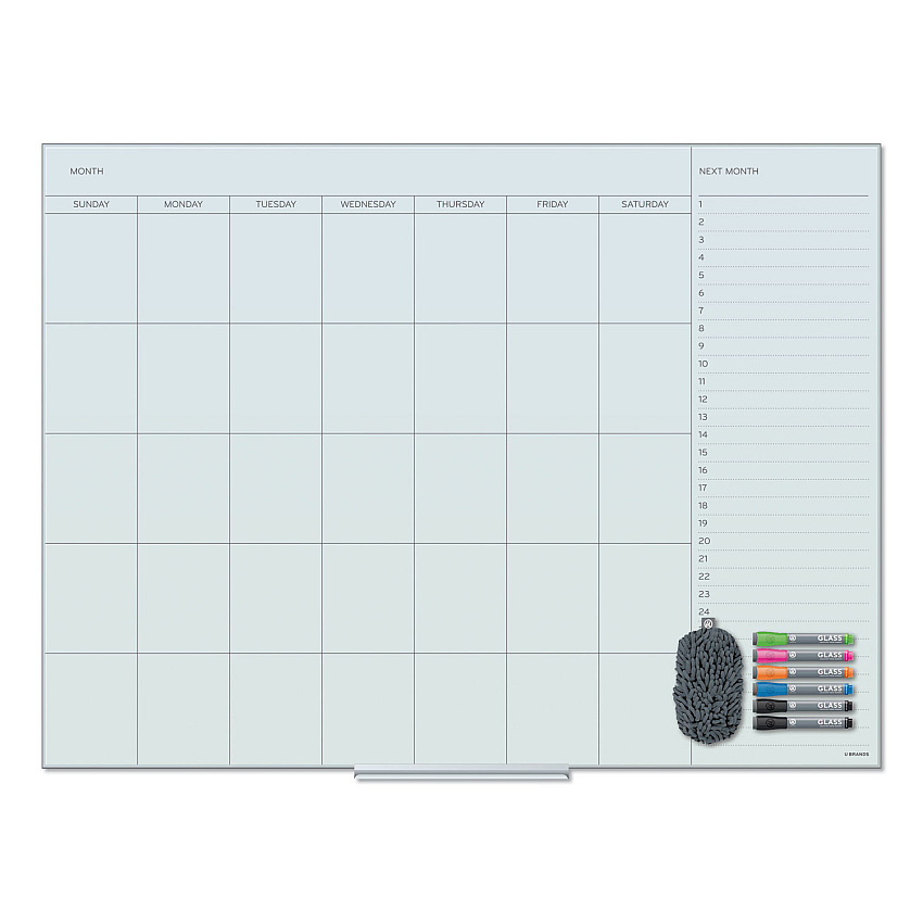 U Brands Floating Glass Dry Erase Undated One Month Calendar, 47 x 35, White (3969U0001)